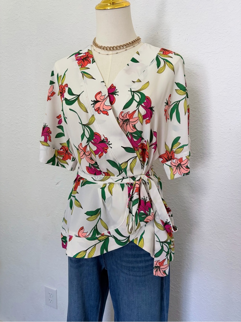 Worthington Floral Wrap Blouse - White with Pink & Green